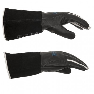 Par de luvas de proteção em pele preta com punho em tecido preto