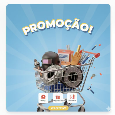 Carrinho de compras com equipamentos e ferramentas em fundo azul com texto PROMOÇÃO!