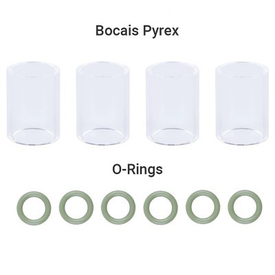 Conjunto de quatro bocais de vidro Pyrex e seis anéis O-Rings verdes sobre fundo branco