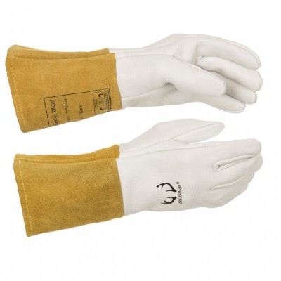 Par de luvas de proteção em couro branco e amarelo com texto e símbolo impresso