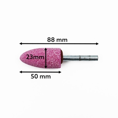 Ponta de esmeril rosa em forma de cone com haste metálica e medidas indicadas.