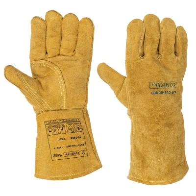 Par de luvas amarelas de camurça para proteção com texto impresso