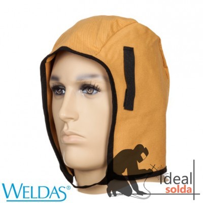 Capuz de proteção castanho em manequim com logotipos WELDAS e Ideal Solda