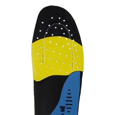 Palmilha ortopédica multicolor com áreas preta, amarela e azul com perfurações