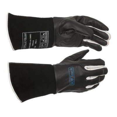 Par de luvas pretas de couro e tecido com texto SOFTouch