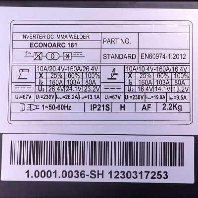 Etiqueta técnica de soldador inverter DC MMA ECONOARC 161 com especificações elétricas, código de barras e número de série