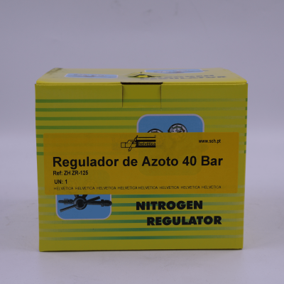 Embalagem amarela e verde com texto regulador de azoto 40 Bar