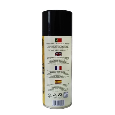 frasco spray amarelo com tampa preta e texto multilingue no verso