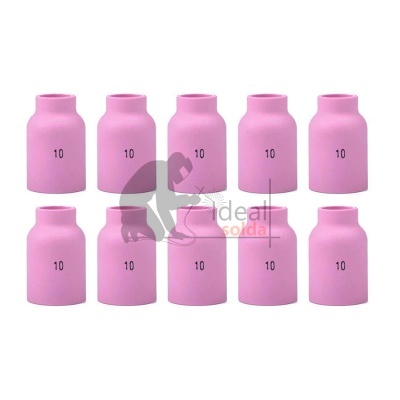 Dez bocais de cerâmica rosa com número 10 preto, organizados em duas filas