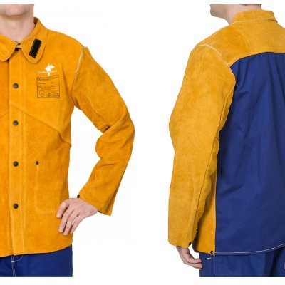 Casaco de trabalho amarelo em camurça com detalhes azuis e etiquetas no peito