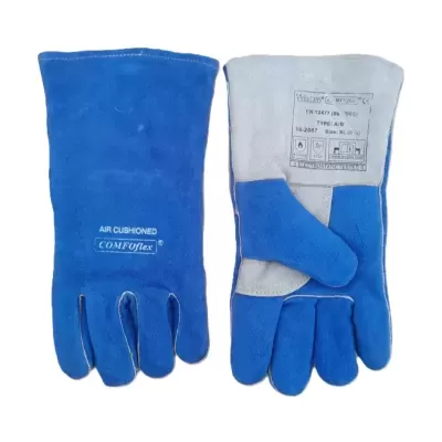Par de luvas de proteção azul com palma cinza e texto técnico.