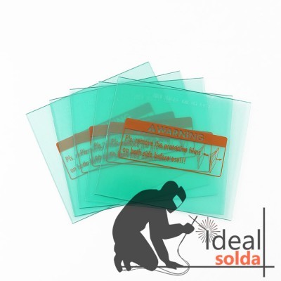 Folhas verdes transparentes com aviso em inglês e logo ideal solda