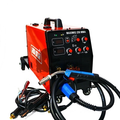 Máquina de soldar MAXIMIG 250 MMA vermelha e preta com acessórios