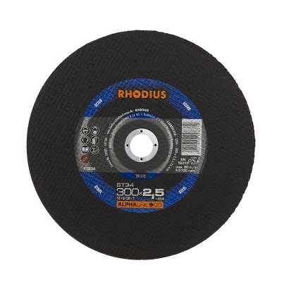 Disco de corte preto com etiqueta central azul, preta e laranja da marca RHODIUS