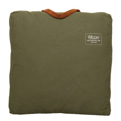 Almofada de soldadura verde com etiqueta e pega castanha