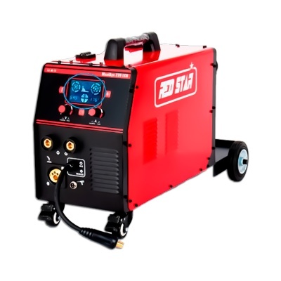 Máquina de soldar vermelha e preta com visor e conectores, roda e alça preta