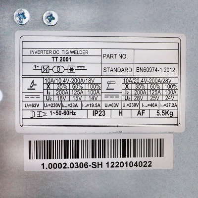 Etiqueta de soldador TT 2001 com especificações técnicas e código de barras
