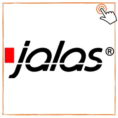 Logotipo da marca Jalas com fundo branco, letras pretas e quadrado vermelho