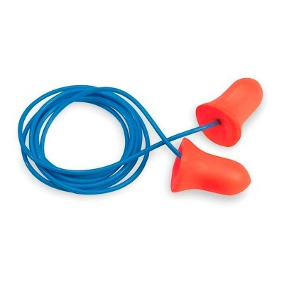Proteção auditiva com cordão azul e espuma laranja
