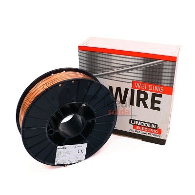 Carretel de arame de soldadura Lincoln Electric com embalagem cinzenta e vermelha