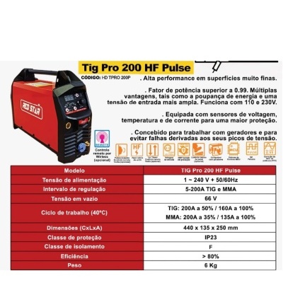 Máquina de soldar Tig Pro 200 HF Pulse com painel de controlo vermelho e preto e descrição técnica