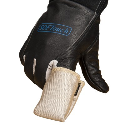 Luva preta de couro com logo azul SOFTouch e punho branco texturizado