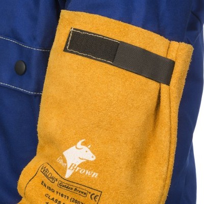 Luvas de proteção amarelas em camurça com texto e reforço preto