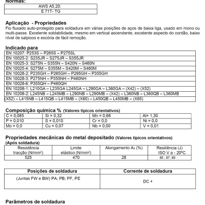 Ficha técnica detalhada do fio de soldadura SCH 71 T- GS para aço baixa liga