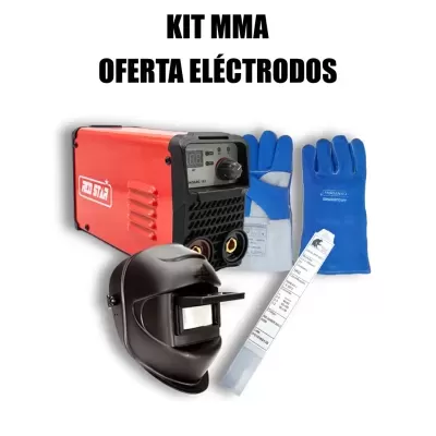 Kit MMA com máquina de soldar vermelha, luvas azuis, capacete preto e eléctrodos