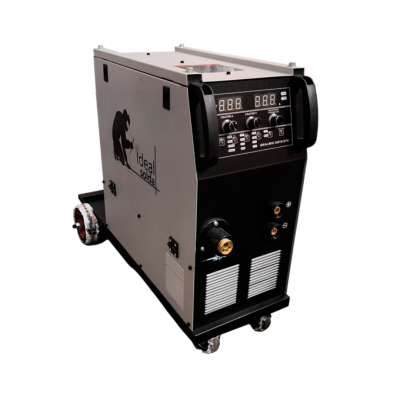 Máquina de soldar cinzenta e preta com painel digital e rodas.