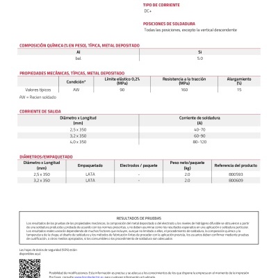 Folheto técnico de eletrodos revestidos de alumínio AISI5 da Lincoln Electric com tabelas e texto em espanhol.