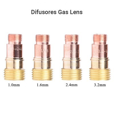 Quatro difusores de gás tipo lente em cobre e latão com tamanhos indicados
