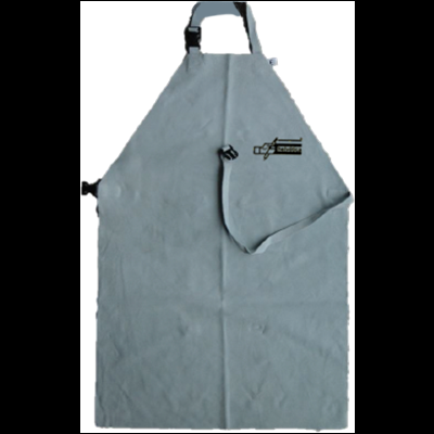 Avental cinzento claro com alças pretas e bolso frontal com etiqueta.