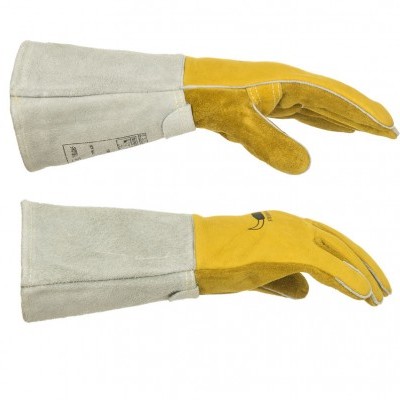 Par de luvas de proteção em couro amarelo e bege com punhos compridos.