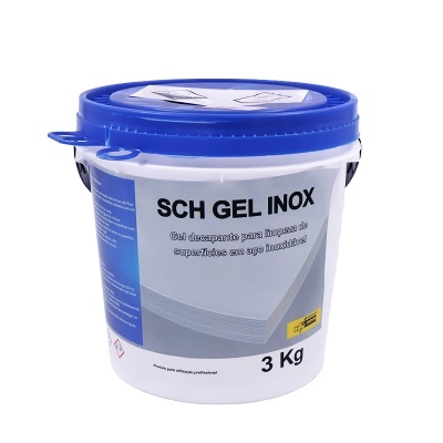 Recipiente plástico branco com tampa azul de gel desengordurante SCH GEL INOX 3 Kg