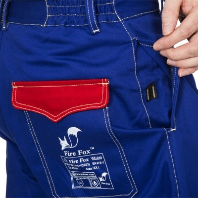 Calças de trabalho azuis com bolso vermelho e logo Fire Fox