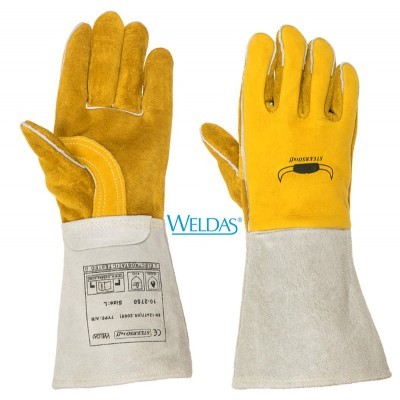 Par de luvas de proteção WELDAS em couro amarelo com punhos largos cinza