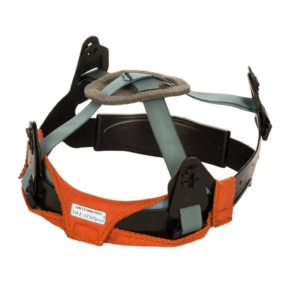 Suporte de cabeça para capacete com correias azuis e almofadado laranja