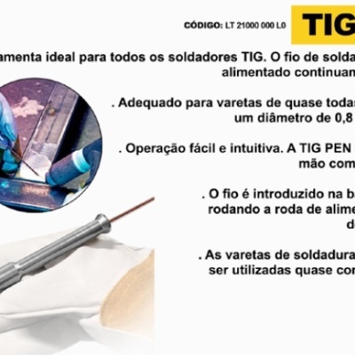 Ferramenta TIG PEN para soldadura com fio de soldadura e texto explicativo em fundo branco