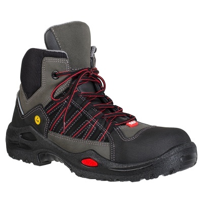 Bota de segurança preta e cinza com detalhes vermelhos e cadarços vermelhos.