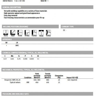 Folheto técnico do produto de soldadura Innershield NR 211 MP com várias especificações e tabelas