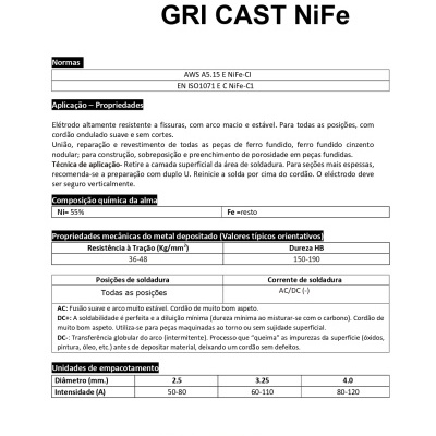 Documento técnico com especificações do eletrodo GRI CAST NiFe para soldadura, incluindo normas, propriedades, tabelas e contacto da empresa Ideal Solda