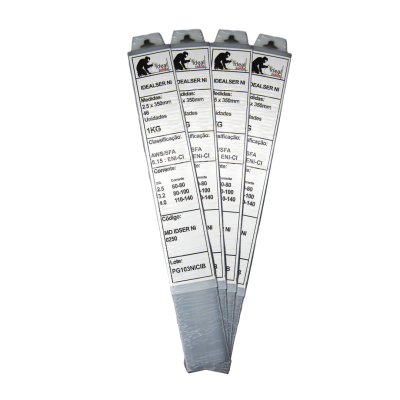 Quatro embalagens brancas de arame de soldadura Idealer NI com etiquetas detalhadas.