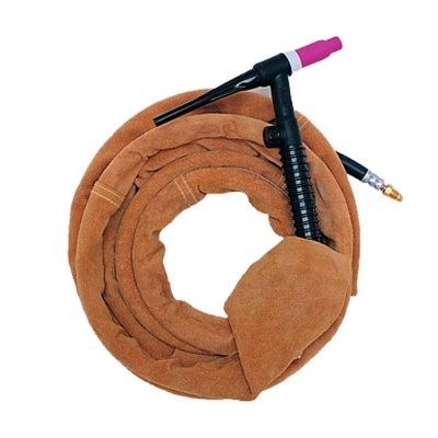 Manga acolchoada castanha enrolada com cabo preto e ponta rosa