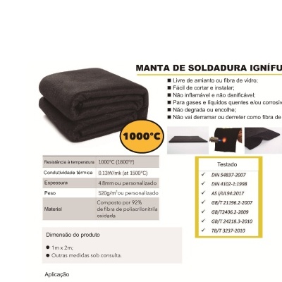 Manta de soldadura ignífuga preta com especificações técnicas e dimensões