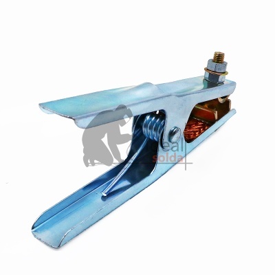 Garra metálica prateada com mola e parafuso para fixação