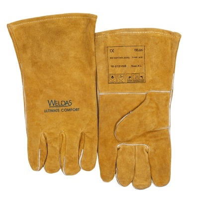 Par de luvas de proteção em couro amarelo com texto e marcações