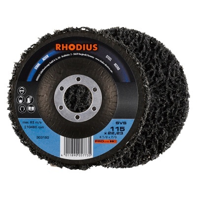 Disco abrasivo preto RHODIUS com etiqueta azul e preta