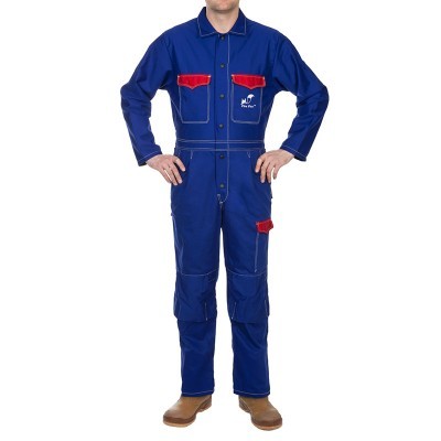 Macacão de trabalho azul e vermelho com bolsos e botões