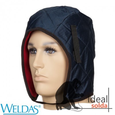 Capuz de proteção azul escuro acolchoado com forro vermelho num manequim